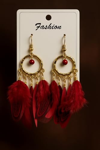 Feather Earrings for Women, Boho Long Brown Gold Dangle Drop Earrings, Handmade Statement Vintage Western Style Lightweight Trendy 2026 Fancy Unique Jewelry Gift - color: Red