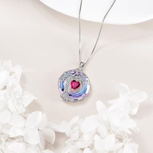 POPLYKE Mothers Day Gifts for Mom Her Wife Tree of Life Necklace 925 Sterling Silver Birthstone Pendant with Crystal Anniversary Birthday Wedding Jewelry for Women - color: 07-Jul-Ruby, style: White Gold Plated-Amethyst Crystal
