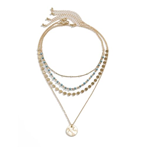 Boho Layered Gold Turquoise Necklace for Women Multi Strand Western Beach Jewelry Stackable Chain with Toggle Clasp Disc Pendant Trendy Fashion Jewelry - color: Gold-2
