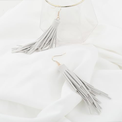 Fringe Leather Earrrings Triangle Deerskin Leather Boho Western Statement Dangel Earrings for Women - color: White Tassels