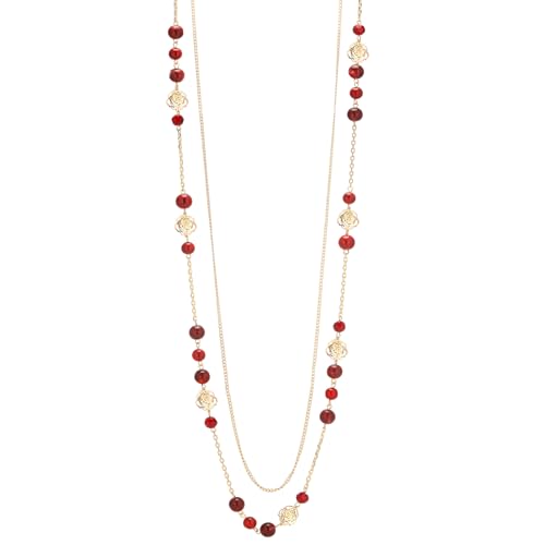 FULU AUTUMN Boho Gold Long Necklaces for Women Natural Stone Beaded Layered Long Necklace Mothers Day Gifts Dainty Flower Costume Jewelry for Women - color: Red