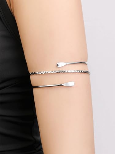 Minimalist Arm Cuff Bracelet Layered Armband Elegant Cuff Bangle Round Bracelet Stackable Geometric Jewelry for Women Men - color: 3layered silver