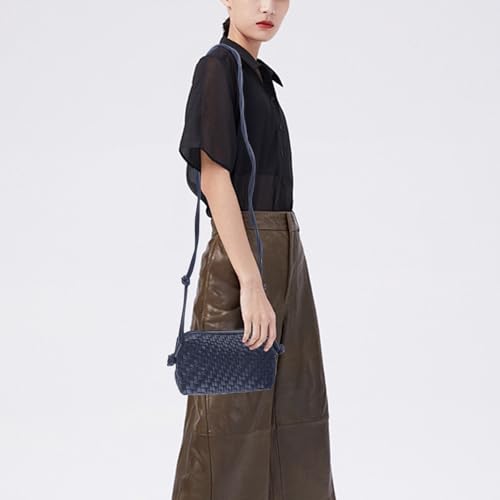 Woven Crossbody Bags for Women Handwoven Purses Vegan Leather Small Handbag Handmade Shoulderbag | Lightweight - color: Navy Blue