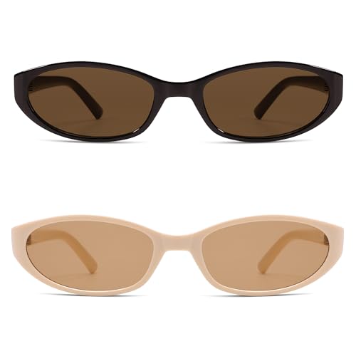 Retro Oval Sunglasses for Women Men Y2k Narrow Cat Eye Sunnies Skinny Shades AR82299 - color: B08 Chocolate/Brown+beige/Light Tea