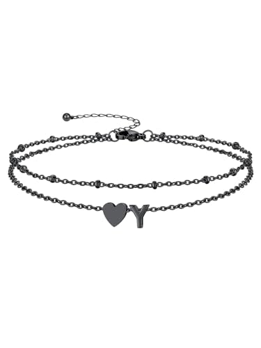 Silvora Ankle Bracelets for Women Waterproof 14K Gold/Silver/Black Initial Anklet for Women Dainty Layered Heart Ankle Bracelets Stainless Steel Adjustable Foot Chain Anklet Summer Beach Jewelry - color: Black-Stainless Steel, size: 25.Y