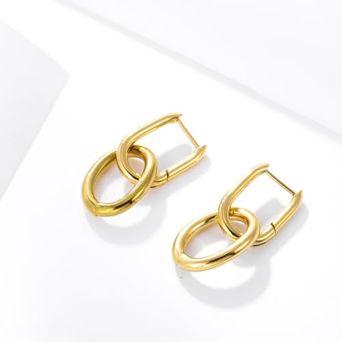 Stainless Steel Hoop Earrings for Women Gold Tone Geometric, Huggie Heart Twisted Minimalist Engraved Designs for Daily Wear - color: Gold_15mm*33mm