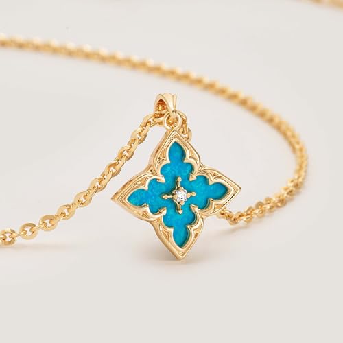 Fettero Gold Clover Necklace for Women Dainty 14K Gold Plated CZ Pendant Necklace Adjustable Chain Choker Charm Colorful Clover Pendant Lucky Necklaces for Women Jewelry - color: Blue-Turquoise