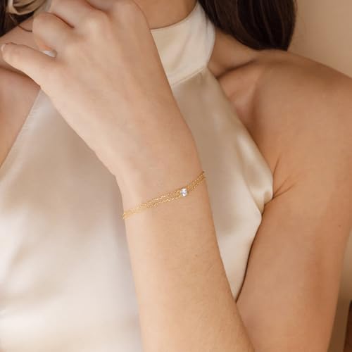 SLOONG Gold Pearl Bracelets for Women Trendy, 14K Gold Plated Dainty Stackable Layered Chain Bridesmaid Bracelets, Waterproof Wedding Jewelry for Women Adjustable 6"+2" - color: Style5(CZ)