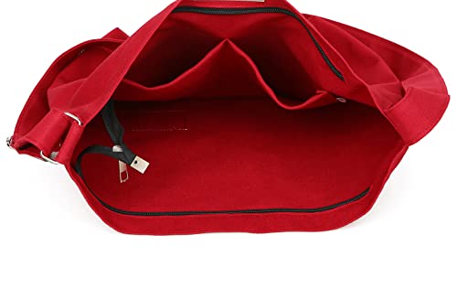 Covelin Women's Retro Large Size Canvas Shoulder Bag Hobo Crossbody Handbag Casual Tote - color: Dark Red