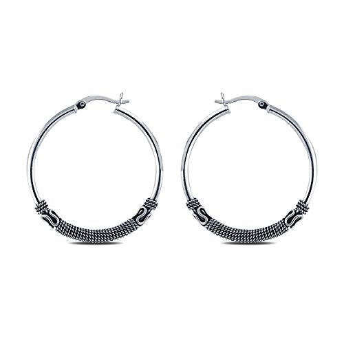 Charmsy 925 Sterling Silver Oxidized Balinese Hoop Earrings for Women | Lightweight Click Top Antique Oxidized Balinese Hoops Earring | Sise 30-60mm - color: Silver