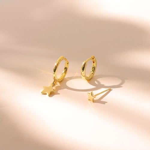 3 Pairs Small Earring Stacks, 14K Gold/Silver/Black/Rose Gold Plated Pearl Heart Butterfly Star Diamond Charm Drop Huggie Earrings Trendy Jewelry Gift for Women - color: Gold-Star