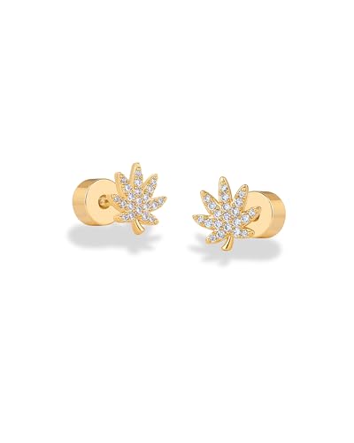 PAVOI 14K Gold Plated Dainty Flat Back Earrings for Women - Hypoallergenic Sterling Silver Posts Helix Cartilage Piercing Jewelry - Emoji Motif Bow Celestial Flatback Gold Stud Earrings Screw Back - style: Leaf