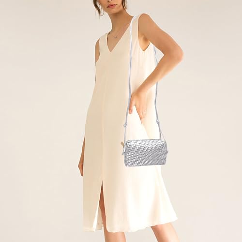 Woven Crossbody Bags for Women Handwoven Purses Vegan Leather Small Handbag Handmade Shoulderbag | Lightweight - color: Silver