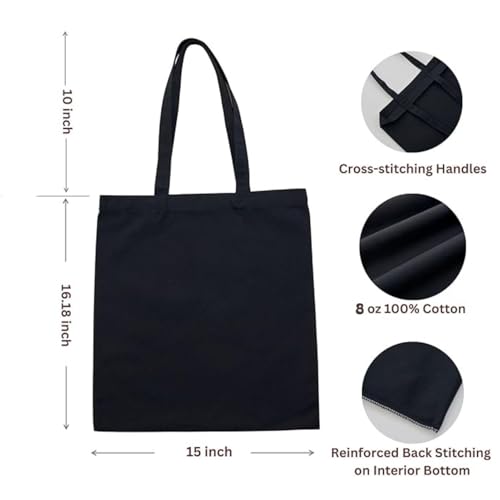 Canvas Tote Bags 15x16 – 2 | 6 | 12 Pack Reusable Cotton Totes for Grocery, Crafts, DIY, Painting - color: Black