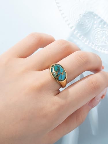 Turquoise Rings for Women, 14K Gold-Plated Stainless Steel Statement Ring with Oval Teal Turquoise, Lightweight and Non Tarnish, Vintage Boho Jewelry Gift for Her, Size 5-9 - color: Gold
