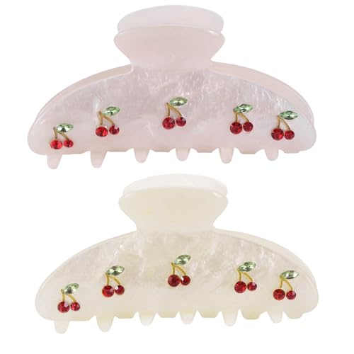 2PCS Cherry Hair Clips for Women Girls – Kawaii Fruit Medium Unique Claw clips, Trendy Handmade Look Acetate Hair Accessories for Thin Hair - color: Cherry Pink and White