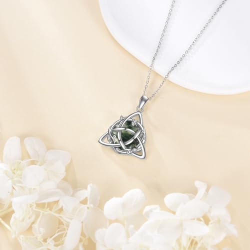 Sterling Silver Celtic Triangle Knot Moss Agate Women's Pendant Necklace Round Moss Agate Twig Knot Necklace Pendant Jewelry Gift Birthday Valentine's Day Christmas for Her