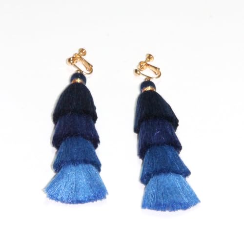 Clip on Earrings, Lightweight Colorful Layered Tassel Bohemian Statement Tiered Big Dangle Drop Earrings for Women, Non Pierced, Boho Jewelry - color: Sky blue
