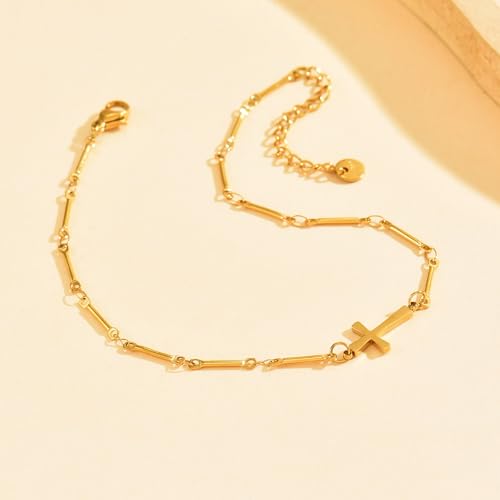 Cross Anklets for Women, 18K Gold Plated Dainty Ankle Bracelets with Colorful Beads Pearl Anklet, Adjustable Religious Christian Satellite Cross Chain, Waterproof Boho Summer Beach Jewelry - style: Bamboo-joint Cross-Gold