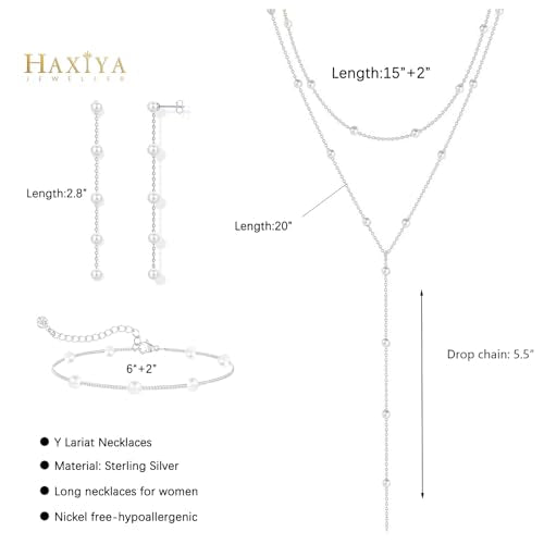 HAXIYA Lariat Gold Necklace for Women Dainty Long Necklace 14K Gold Plated/Silver Y-Shaped Pendant Drop Chain Layered Pearl/Beaded/CZ Necklaces Gold Jewelry Gift for Prom/Wedding - style: Pearl Set - Silver
