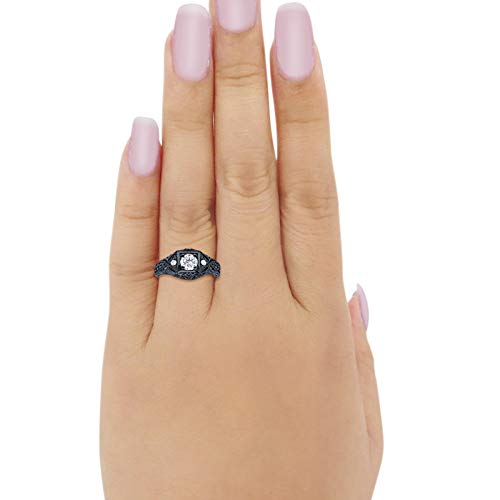 Blue Apple Co. Art Deco Ring Round Cubic Zirconia Leaf Filigree Design Split Shank Twisted Band Bridal Statement Wedding Engagement Rings For Women 925 Sterling Silver Gifts For Her - color: Black Tone, Simulated Cubic Zirconia