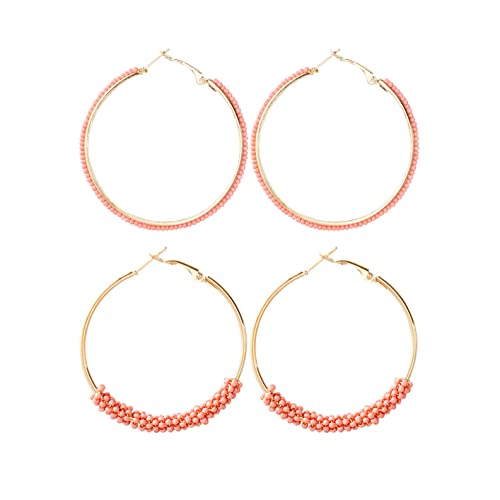 2 Pairs Bohemian Colorful Beads Circle Round Hoop Earrings Gold Hoop Dangle Earrings for Women Vintage Boho Jewelry - color: pink