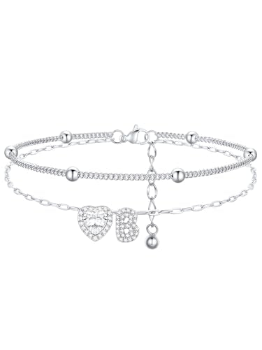 FindChic Silver/14K Gold Plated Layered CZ Initial Ankle Bracelet for Women | Waterproof Stainless Steel, Cubic Zirconia Letter Charm, Non-Tarnish, Hypoallergenic, Adjustable Extender, Summer Jewelry - color: Silver-CZ Heart, size: B