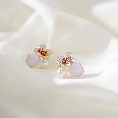 Pink Flower Earrings for Women, 925 Sterling Silver Stud Earrings, Cute Plumeria Earrings For Women, Cherry Blossom Hypoallergenic Stud - color: Pink Crystal Cherry Blossom