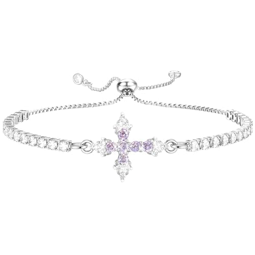 VIBILIA Bracelets for Women, Cross Bracelets for Women Trendy, Dainty Tennis Bracelet, Catholic Gift for Mom Daughter Wife Sister Friend, Communion Gift on Birthday Valentine's Day Easter Mother's Day - color: D. Silver-Purple
