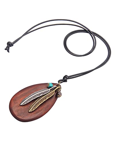 GelConnie Leather Cord Necklace Chain Multilayer Wooden Pendant Necklaces Vintage Jewelry Boho Long Sweater Necklace for Women Men - color: Feather Wood Necklace