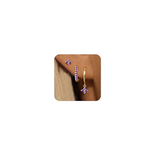 3 Pairs Gold Hoop Earrings Set for Women, Hypoallergenic 14K Gold Plated Huggie Earrings Stacks for Multiple Piercing Dainty Stud Earring Cartilage Birthstone Earring Women Jewelry Gift - color: 02. February(Amethyst)