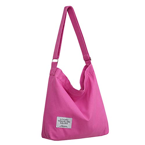 Covelin Women's Retro Large Size Canvas Shoulder Bag Hobo Crossbody Handbag Casual Tote - color: Cerise Pink