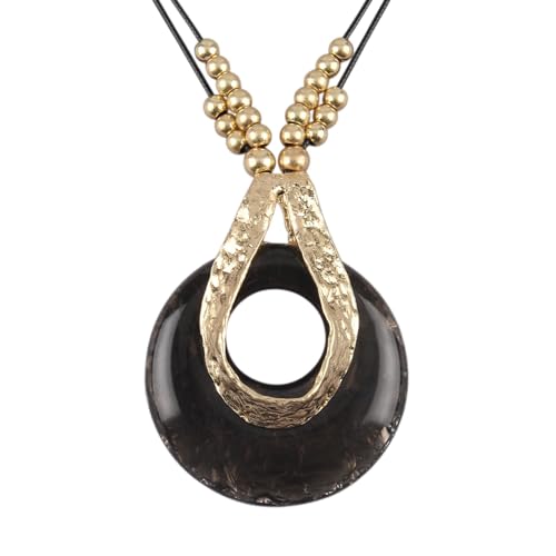 GelConnie Leather Necklace for Women Large Pendant Long Brown Necklace Circle Leather Choker Vintage Sweater Necklace Gold Chunky Boho Necklaces for Women - style: Black Stone Beads Necklace