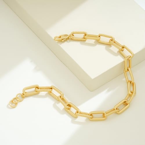 BENEIGE Women Bracelet 14K Gold Plated Paperclip Satellite Bead Ball Oval Cuba Cable Box Chain Daily Charm Layered Link Silver Bracelets Adjustable Jewelry - style: Paperclip Mote Ring