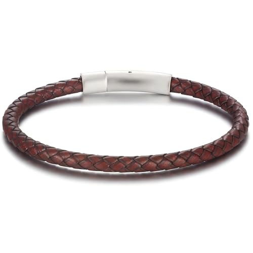 Men's Leather Bracelet, Stackable Stainless Steel Clasp Bracelets for Men Stylish Birthday, Thanksgiving, Valentine's Day Gift for My Man - style: 8.2" Round-tube Reflective Brown Leather