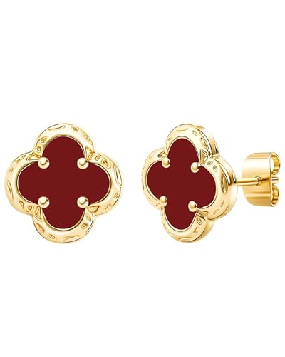 Elegant Black Onyx Clover Stud Earrings, 14K Gold Plated Four Leaf Hypoallergeinc Stud Stainless Steel Flower Earring Lucky Simple Jewelry Gift for Women Shiny Multiple Onyx Colors - color: Wine Red