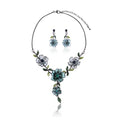 AMYJANE Vintage Statement Jewelry Set - Spring Leaf Flower Floral Plant Necklace Earring Set Crystal Rhinestone Fashion Costume Jewelry for Women Prom Party Unique Gift - style: Blue Flower Green Leaf
