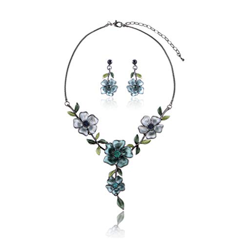 AMYJANE Vintage Statement Jewelry Set - Spring Leaf Flower Floral Plant Necklace Earring Set Crystal Rhinestone Fashion Costume Jewelry for Women Prom Party Unique Gift - style: Blue Flower Green Leaf