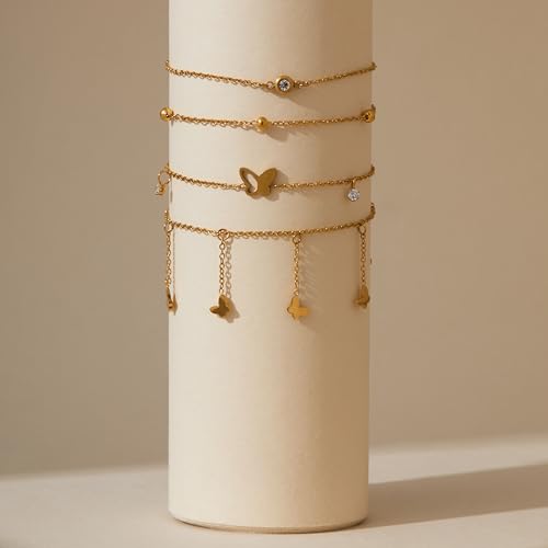 LOFITOR Ankle Bracelets for Women Glitter Waterproof Adjustable Anklet Set for Women 18K Gold Plated Silver Charm Dainty Layered Anklets, Summer Beach Anklet Jewelry for Women - style: Butterfly Gold