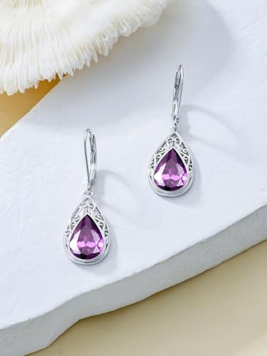 POIUY Gifts for Women Hypoallergenic Teardrop Filigree Birthstone Leverback Dangle Earrings 18K White Gold Fashion Jewelry Anniversary Wedding Birthday Gifts for Women Daughter Sister Girlfriend Wife - style: 6-June Birthstone Earrings