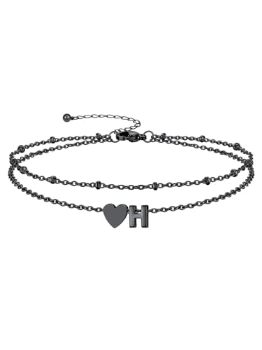 Silvora Ankle Bracelets for Women Waterproof 14K Gold/Silver/Black Initial Anklet for Women Dainty Layered Heart Ankle Bracelets Stainless Steel Adjustable Foot Chain Anklet Summer Beach Jewelry - color: Black-Stainless Steel, size: 08.H