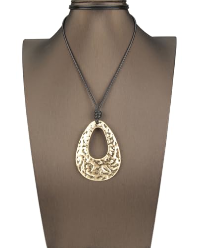 PU Leather Necklace Vintage Boho Style Multilayer Pendant Long Sweater Necklace Jewelry for Women Men with Adjustable Leather Cord - color: Gold Pear-shaped Leather Necklace