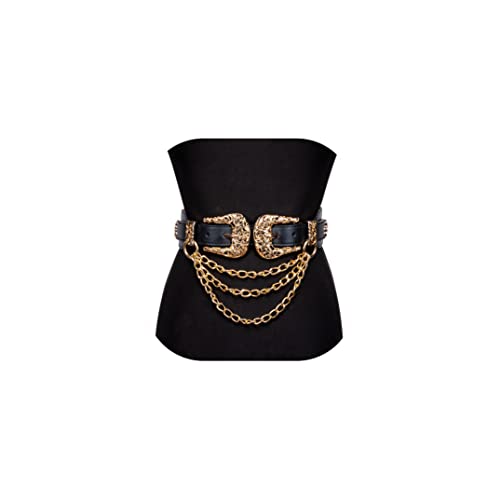 Dubulle Womens Belt Chain Leather Belts Vintage Western Adjustable Elastic Double Buckle for Cowboy Pant Dress - color: Black Gold