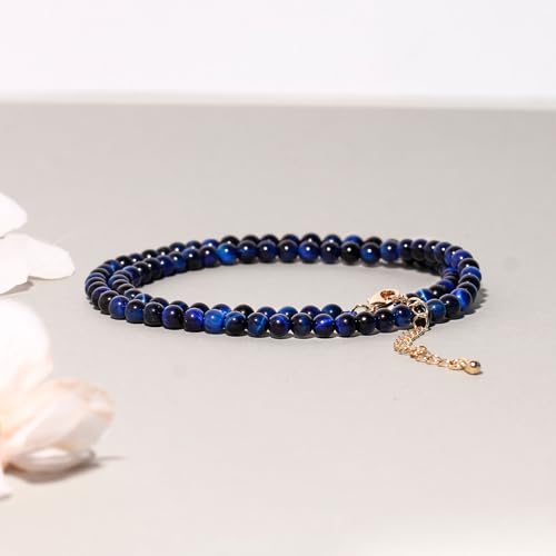 Simple Choker Necklace for Women Real Stone and Crystals Necklaces 4mm Beaded Choker Jewelry Meditation Gift for Women (16"+2") - style: Blue Tiger's Eye