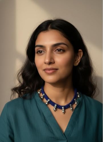 athizay Boho Charm Thread Choker Necklace – Braided Bohemian Choker with Oxidized Silver Dangle Charms | Handmade Boho Jewelry for Women - color: Blue, Silver