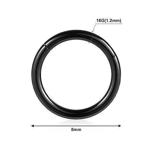 4Pcs 16G 18G 20G Surgical-Steel-Piercing-Ring-Nose-Rings-Hinged-Hoop-Earrings,6mm 8mm 10mm 12mm Seamless Stainless Steel Clicker Eyebrow Septum Piercing Hoop,Sliver Black Gold Rose Gold Rainbow Body Jewelry Set - color: 16G 8mm Silver & Black