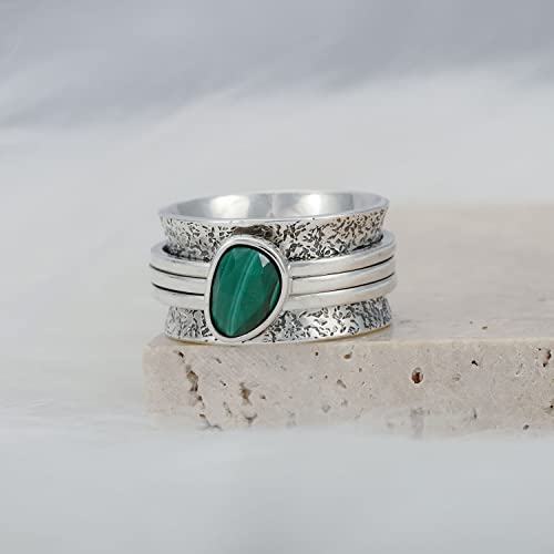 925 Sterling Silver Anxiety Ring with Beads Fidget Spinning Rings for Women Worry Beads Rings - color: Malachite design