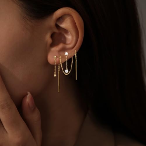 Trendy Zircon Tassel Chain Threader Earrings Set for Women Chain Dangle Earrings Dainty Rhinestone Hoop Earrings Set for Women Stack Jewelry Long Drop Ear Line - color: Gold-one ear-A