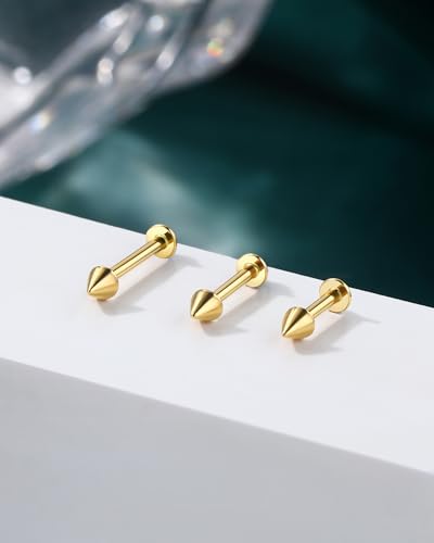 COCHARM 14k Solid Gold 16g Labret Studs Real Yellow Gold Medusa Monroe Madonna Stud Lip Piercing Helix Cartilage Conch Earring Stud - color: Yellow Point-10mm