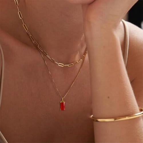 Dainty Gold Charm Necklaces for Women Non Tarnish, 14K Trendy Blue Green Cubic Zirconia Emerald Pendant Birthstone Necklaces Birthday Gifts for Women Waterproof Jewelry - color: 01-January(Garnet)